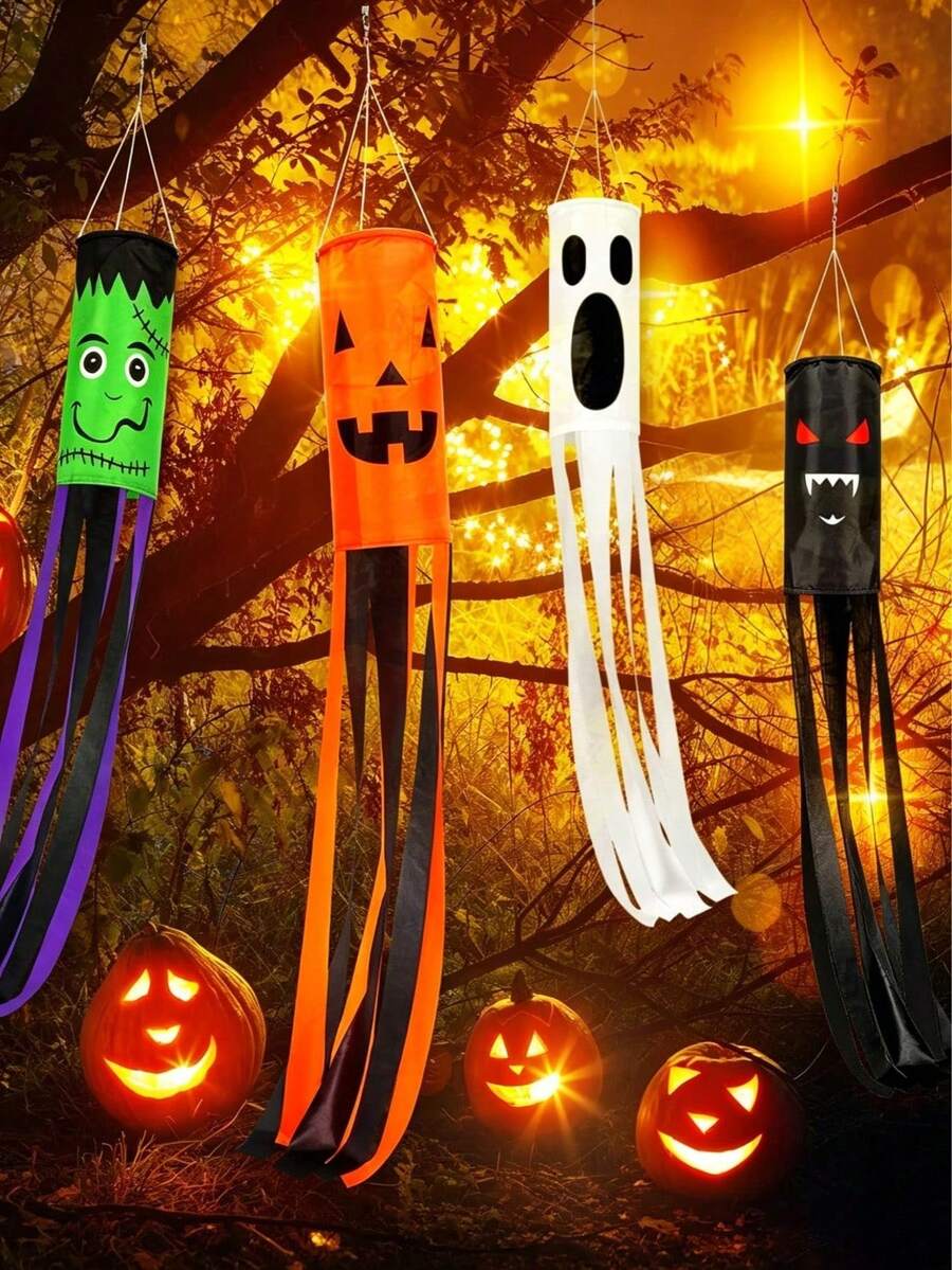 4 piezas Banderas de jardín con temática de Halloween, impresas con patrones de dibujos animados de fantasmas, calabazas, murciélagos y otros monstruos aterradores. Perfectas para decoración colgante al aire libre, letreros de patio de Halloween, o decoraciones de fiesta para el hogar, patio, césped, jardín y pasillo. - color - Ver 1