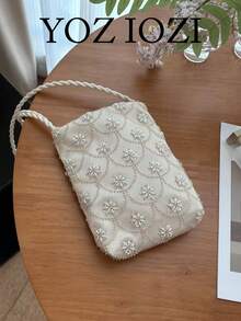 日韓風小眾設計 Ins 風花卉珠飾刺繡女款手機包，法式時尚百搭，優雅通勤、逛街、日常購物，單肩斜跨小包 - 白色 - 查看 3