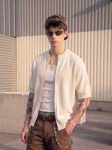 Men's Knit Cardigan Round Neck Short Sleeve Loose Casual Street Style Solid Color Textured Zipper Knit Top Spring Summer - Apricot - View 1