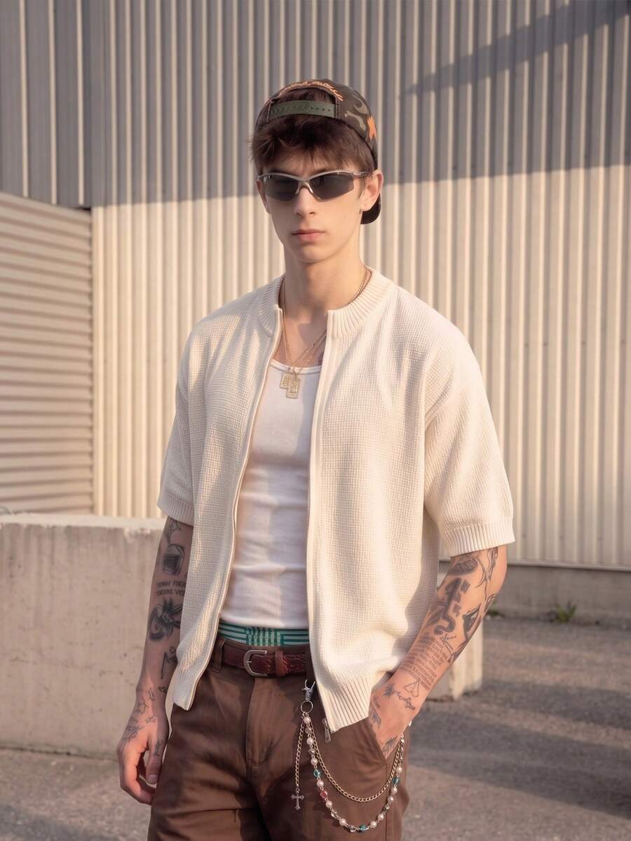 Men's Knit Cardigan Round Neck Short Sleeve Loose Casual Street Style Solid Color Textured Zipper Knit Top Spring Summer - Apricot - View 1
