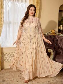 Plus Size Women's Heavy Beaded Embroidery Sequin Glamorous Stand Collar Elegant 2 Pieces Arabian Dress, Suitable For Ball And Multiple Occasions Fall - Apricot - View 5