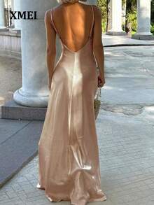 Gaun Slip Kamisol Satin Leher V yang Elegan dan Seksi, Cocok untuk Liburan Pantai Musim Semi/Panas - Sampanye - View 2