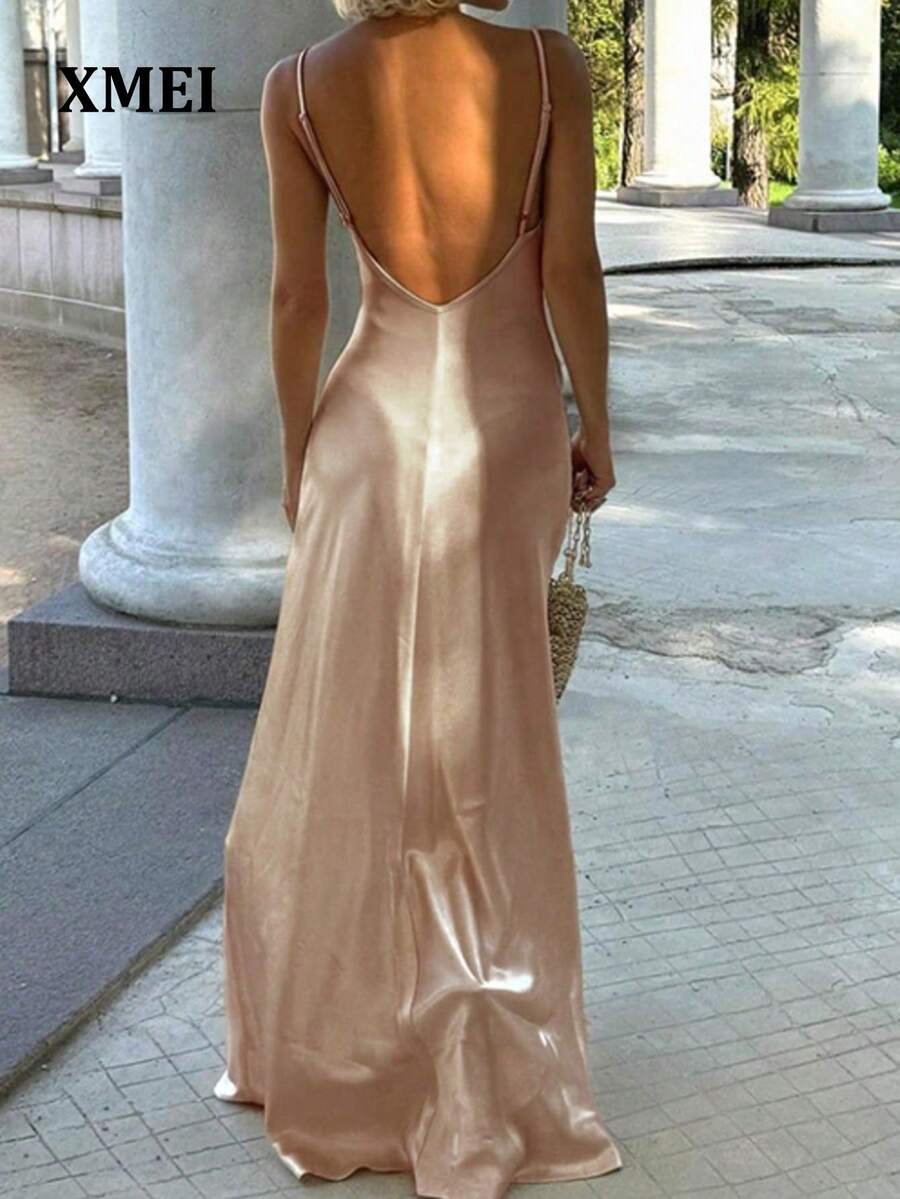 Gaun Slip Kamisol Satin Leher V yang Elegan dan Seksi, Cocok untuk Liburan Pantai Musim Semi/Panas