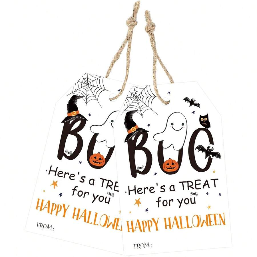 Etiquetas colgantes de Halloween con cuerda, etiquetas de papel de 3.3x2.1 pulgadas con fantasma y Feliz Halloween para embalaje de regalos, etiquetas negras de Boo para fiestas, adecuadas para bolsas de caramelos, recuerdos de fiesta, manualidades DIY - Etiquetas de Halloween con - Ver 1