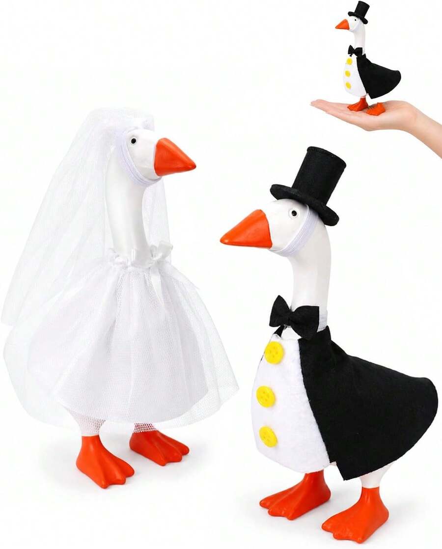 Zixumild Desk Goose Wedding Outfit 2-Piece Set For 7" Mini Goose, Bride Dress &Amp; Groom Tuxedo Desk Geese Clothes Accessories For Tabletop Wedding Decor Favors - ColorA - View 1