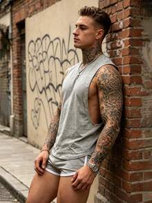 1 Set Men's Sports Casual Tank Top Outfit, Solid Color Summer Sleeveless Tank Top And Super Short Hot Pants, Suitable For Street Fashion - Grey - View 3