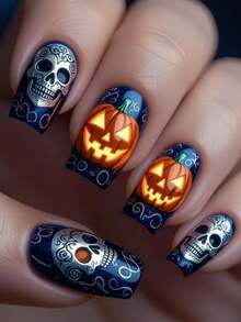 24pcs Stiker Kuku Motif Tengkorak Halloween, Kuku Palsu Persegi Gaya Y2K, Aksesoris Seni Kuku - Royal Blue - View 8