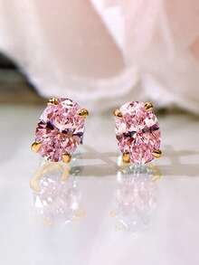1 Pair Romantic Cubic Zirconia Stud Earrings For Women, Wedding Engagement Party Jewelry, Valentine's Day Gift - Gold + Pink - View 3