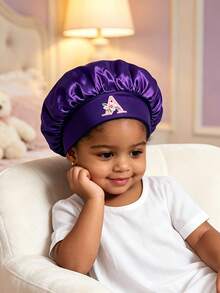 1Pc Kids Satin Hair Bonnet With A-Z Letter Wide Elastic Band Sleep Cap For 1-3 Years Old Girls, Soft Silk Night Hair Wrap - Purple - View 3