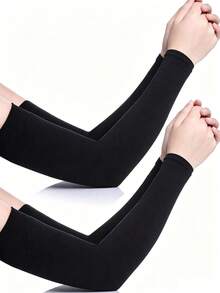 2 Pairs Spring/Summer Fashion Minimalist Sun Protection UV-Resistant Moisture-Wicking Elastic Ice Silk Fabric Solid Color Long Over-Elbow Arm Sleeves For Outdoor Sports, Travel, Cycling, Driving - Black - View 1