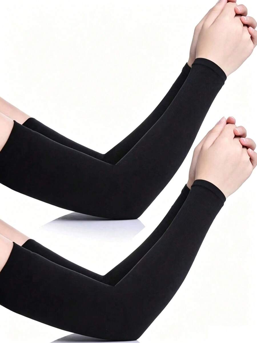 2 Pairs Spring/Summer Fashion Minimalist Sun Protection UV-Resistant Moisture-Wicking Elastic Ice Silk Fabric Solid Color Long Over-Elbow Arm Sleeves For Outdoor Sports, Travel, Cycling, Driving - Black - View 1