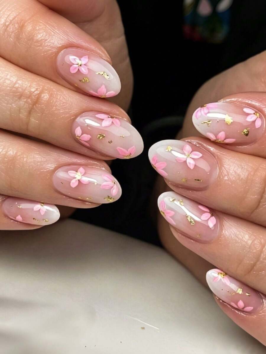 Atualize suas unhas instantaneamente, 24 peças de pontas de unhas acrílicas em formato de amêndoa com degradê floral rosa nude romântico e doce, o conjunto de unhas inclui cola de gelatina e lixa de unha, adequado para meninas e mulheres para uso diário, encontros, festas e reuniões - Multicolorido - Visão 1