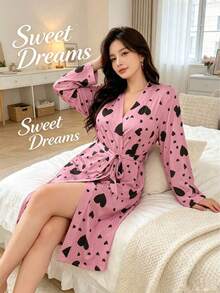 Minimalist Fashion Long Sleeve Heart Pattern Bathrobe, Elegant And Stylish, Suitable For Home Wear, All Seasons, Soft And Skin-Friendly, Perfect For Vacation Or Home Leisure - Multicolor - View 2