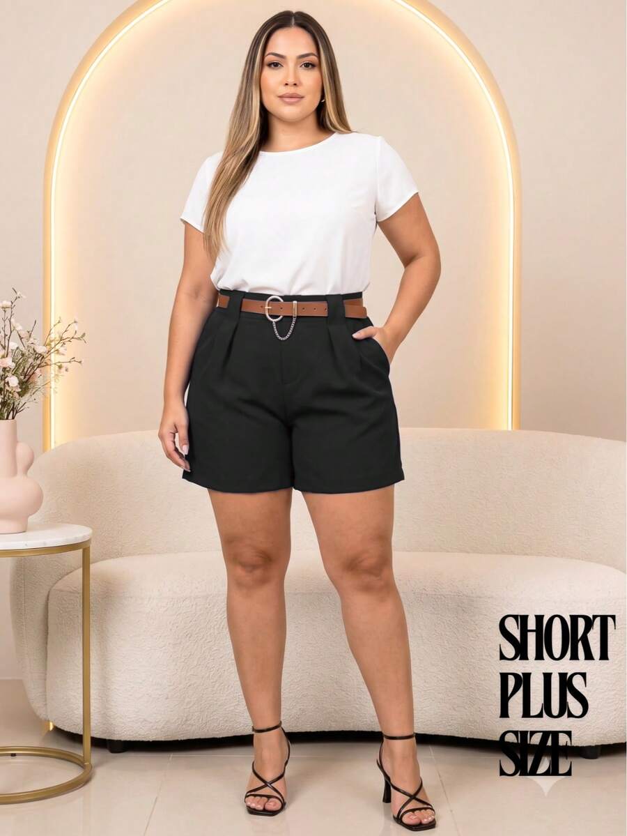 Short Plus Size Social Tailoring With Elegant Belt High Waist - Black - View 1
