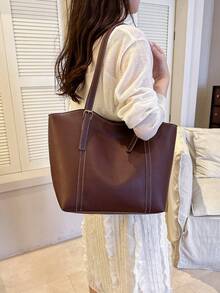 New Solid Color Luxury High-End Versatile Women's Shoulder Tote Bag - Coffee - View 8