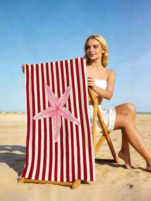 1pc Red Striped Beach Towel, Minimalist Striped Starfish Print Large Beach Towel, Ultra-Fine Fiber Quick-Dry Absorbent Sand-Resistant Beach Towel, Towel, Suitable For Travel, Swimming Pool, Diving, Surfing, Yoga, Camping, Beach Party And Party Decoration Beach Towel, Essential For Summer Beach Travel, Vacation Bathroom Decoration Water Party Multi-Functional Beach Towel - Bright Red Stripes - View 9