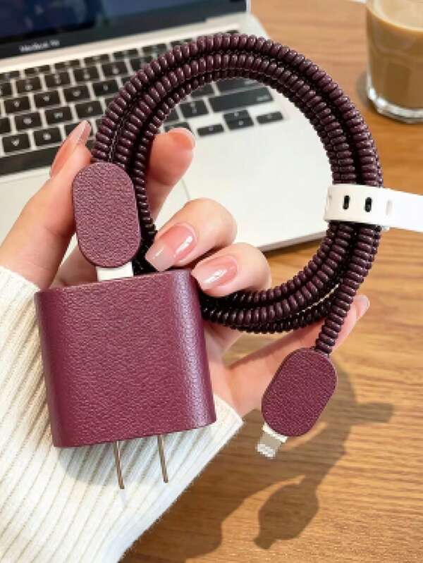 5pcs Set Leather Texture New Apple 20W Charger Protector Cable Protector Compatible With IPhone 17/16/15/14 Anti-Breakage