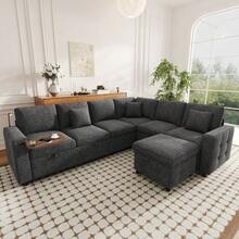 Sofá esquinero XXL en forma de L para 7 personas, extensible y convertible en cama con función de descanso. - Gris - Ver 6