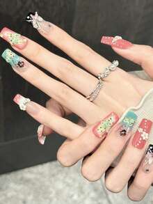 10pcs Kawaii Summer Dopamine Press On Nails, Red Teal Ladybug Floral Butterfly Long Square Fake Nails 3D White Mini Daisy Iridescent Bubble Rhinestone, For Outdoor Trip, Grad Dance & Floral Afternoon Tea, With Jelly Glue And Nail File - Multicolor - View 3