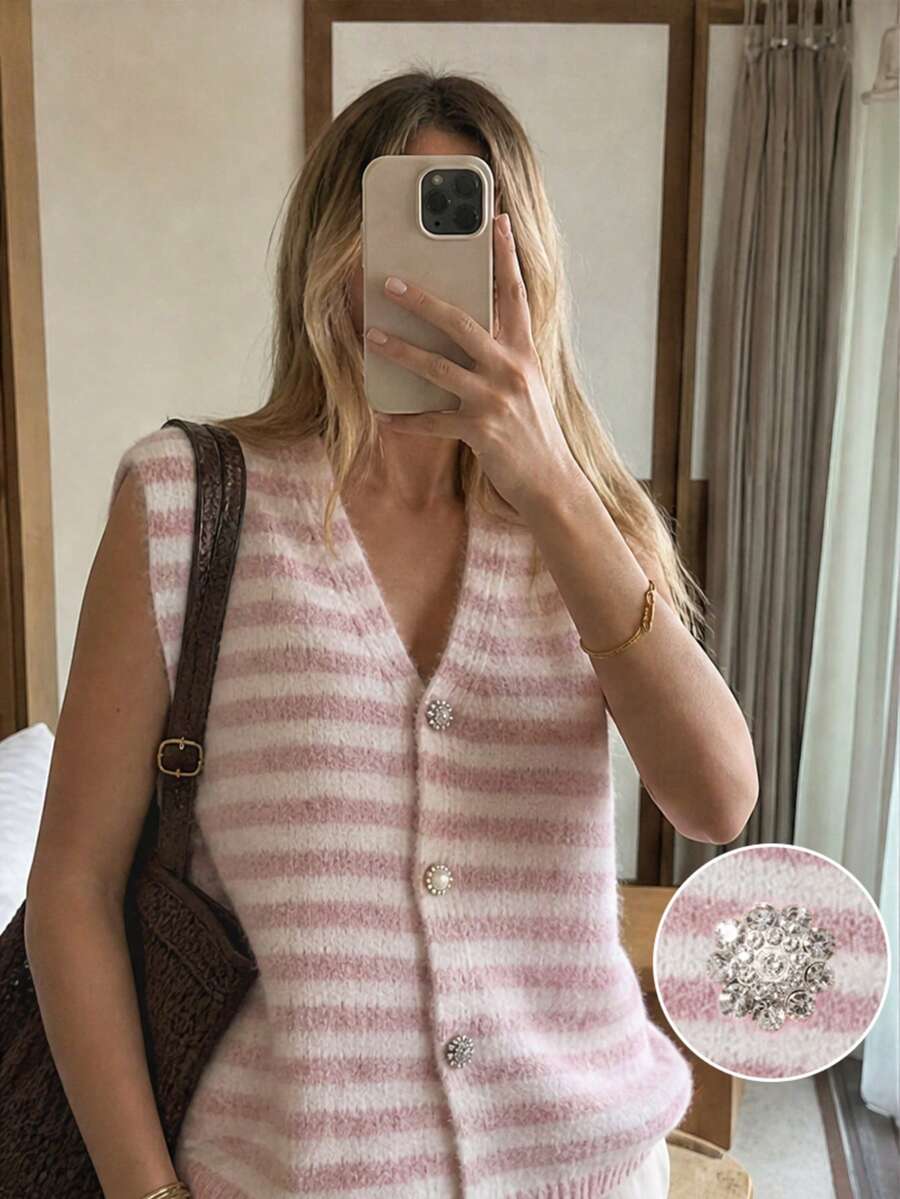 French Ins Style Striped Knit Vest, V-Neck Knit Cardigan With Rhinestone Buttons, Design-Forward, Suitable For Daily Commute, Casual, Holiday And Outing Wear - Pink - View 1