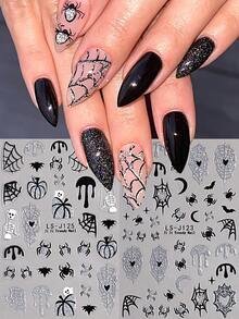 2pcs Halloween Nail Art Stickers: Self-Adhesive Decals Featuring Glittery Spiderwebs, Spiders, Ghosts, Skulls, And Pumpkins – Cute, Charming Nail Decorations And Salon Accessories - Multicolor - View 7