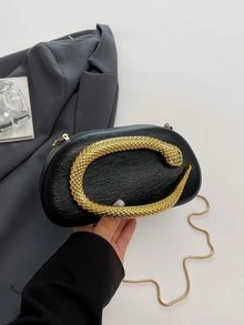 女款晚宴手拿包，橢圓形盒子包，3D金色蛇紋裝飾，奢華風格，適合雞尾酒會、宴會、夜生活，四季皆宜 - 黑色 - 查看 3