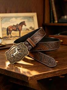 1pc Western Style Vintage Distressed Brown Leather Belt, Floral Embossed PU Leather Belt, Unisex, Suitable For Any Occasion - Multicolor - View 3