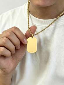 Gold Plated Blank Dog Tag Pendant Necklace, Engravable Stainless Steel Plain Rectangular Charm With Twist Rope Chain, Birthday & Daily Wear Gifts - Gold - View 6