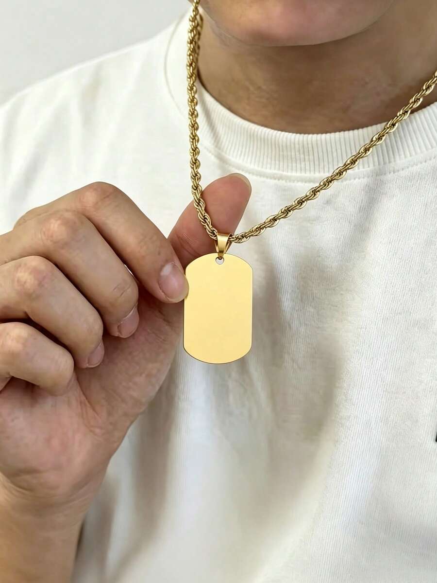 Gold Plated Blank Dog Tag Pendant Necklace, Engravable Stainless Steel Plain Rectangular Charm With Twist Rope Chain, Birthday & Daily Wear Gifts - Gold - View 1