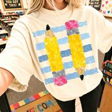 Retro Pencil Graphic Teacher Tee Cute Alphabet Print Classroom Top Breathable Cotton Casual Shirt For Educators Back To School - Apricot - View 14
