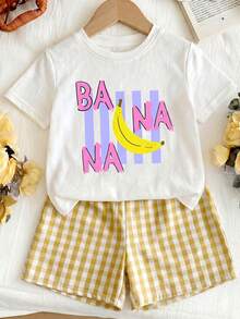 2件組女童幼兒夏季香蕉印花短袖上衣與紫色可愛格紋短褲套裝 - 杏色 - 查看 1
