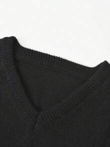 Korean Style Minimalist V-Neck Loose Fit Versatile Slouchy Solid Color Sweater - Black - View 9