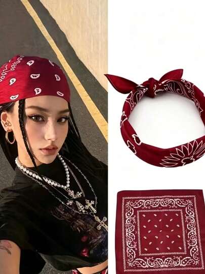 1pc Fashionable Red Square Headscarf, Punk Bohemian Style Hair Band Hair Accessory, Perfect Accessory For Christmas Party