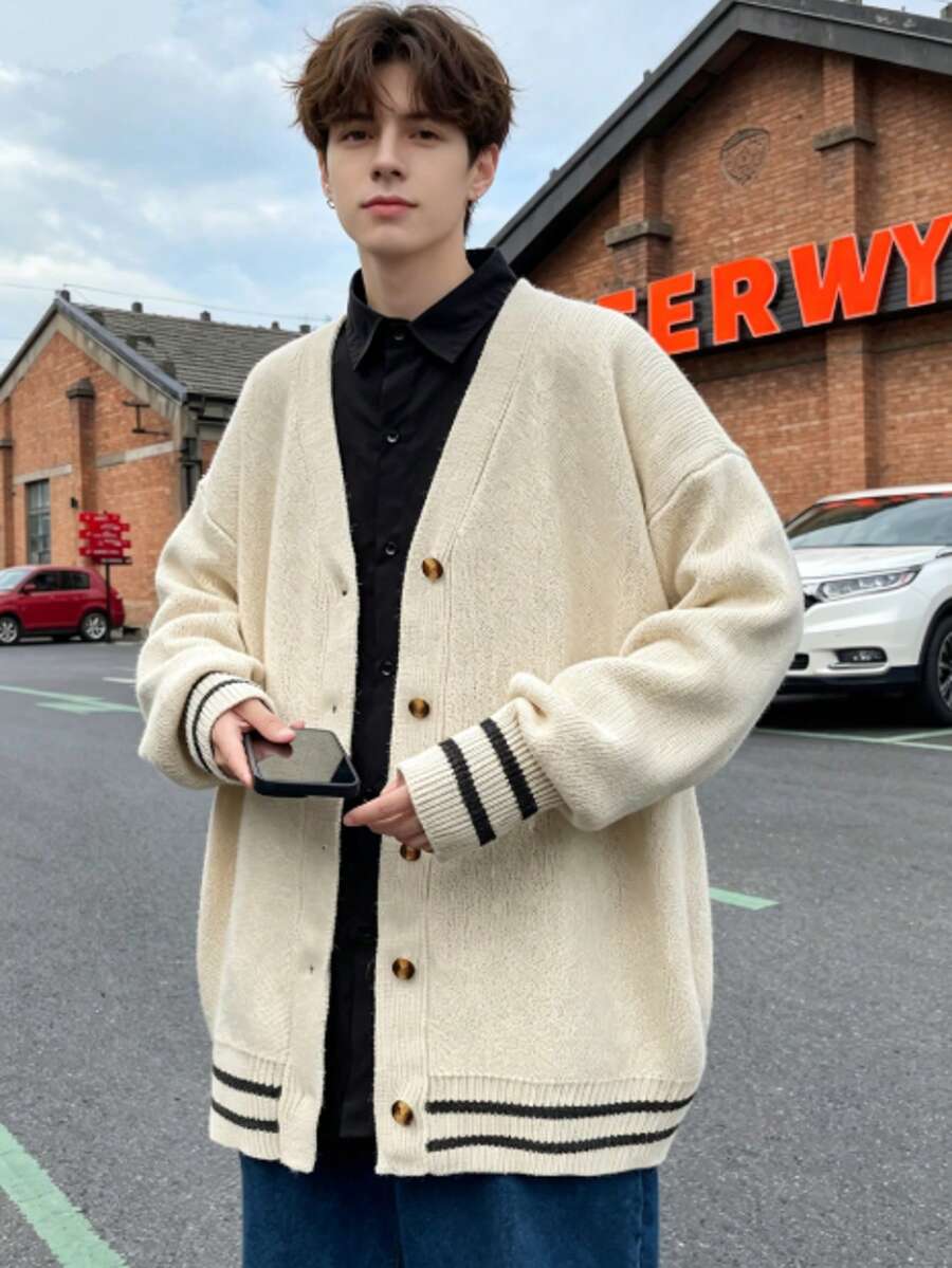 Men's Plus Size Knitted Fashion Cardigan, Long Sleeve Sweater, Soft And Comfortable Knit Sweater, Versatile Casual Style, Autumn/Winter - Apricot - View 1