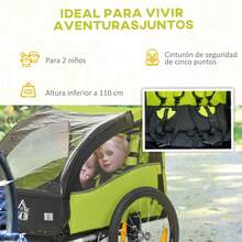HOMCOM Remolque de Bicicleta para Niños +18 Meses Cochecito para Transporte de 2 Plazas con Cinturón de Protección Espacio de Almacenamiento y Sistema de Amortiguador 140x88x90 cm Verde - Verde - Ver 4