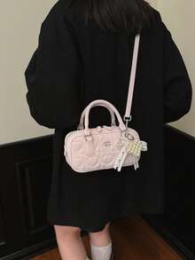 SIMUTINE 高級小眾女款包，新款時尚百搭斜挎包，超人氣百搭手提保齡球包，PU布料，可調節肩帶，日常使用包，適合購物、旅行、上班、大學（附吊飾） - 粉色 - 查看 5