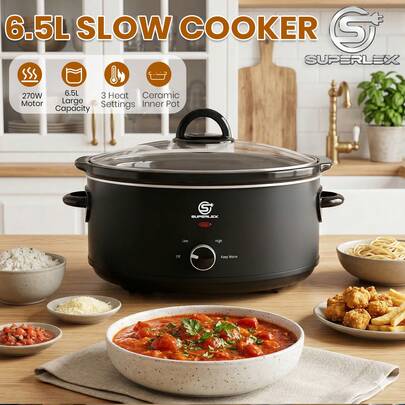SUPERLEX 6.5L Slow Cooker, Adjustable Temp, Entrees, Sauces, Stews & Dips, Dishwasher Protetc Glass Lid & Crock, Stainless Steel, Kitchen Appliances, Cookware, Cooking Pot, Kitchen Items, Slow Cooker, Slow Cooker,270W Slow Cooker