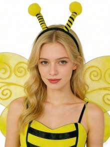 2pcs Cute Halloween Bee Costume Accessory Set, Includes Bee Headband And Wings. Plush Antenna Headband Paired With 3D Yellow And Black Striped Wings, Lightweight Mesh Material For Wearable Use. Suitable For Halloween Dress-Up, Cosplay, Theme Parties, Stage Performances, Parent-Child Activities. Adorable And Eye-Catching Holiday Outfit Gift - Yellow - View 2