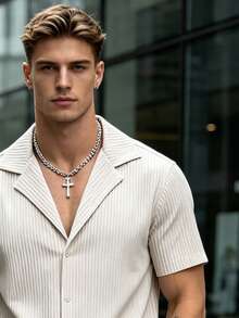 Men's Summer Solid Color Short Sleeve Shirt And Long Pants Casual 2-Piece Set, Turn Collar Button-Up Streetwear Style - Khaki - View 4