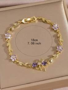 1件時尚鬱金香花葉手鍊，鍍金亮面鋯石獨特設計不褪色高品質珠寶，女款日常配戴，新娘飾品，節日禮物 - 紫色 - 查看 7
