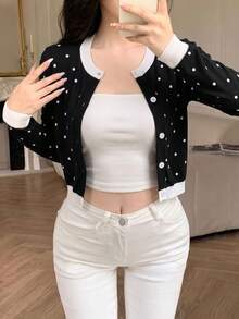 2026 Preppy Polka Dot Knit Cardigan, Elastic Knit Fabric Slimming Cardigan For Women 18-35 Years Old Vacation - Black Background With White Dots - View 8