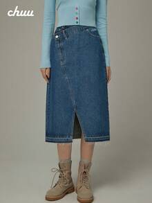 CHUU High Waist Heart Denim Skirt Women Autumn Embroidered Letter Slit A-Line Skirt - Blue - View 1
