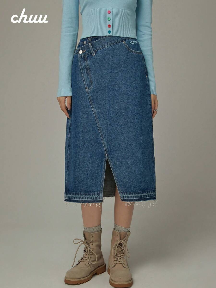 CHUU High Waist Heart Denim Skirt Women Autumn Embroidered Letter Slit A-Line Skirt - Blue - View 1