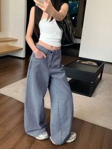 Women's American Retro Striped Fabric Loose Straight Wide Leg Denim Jeans, Blue Long - Blue - View 8