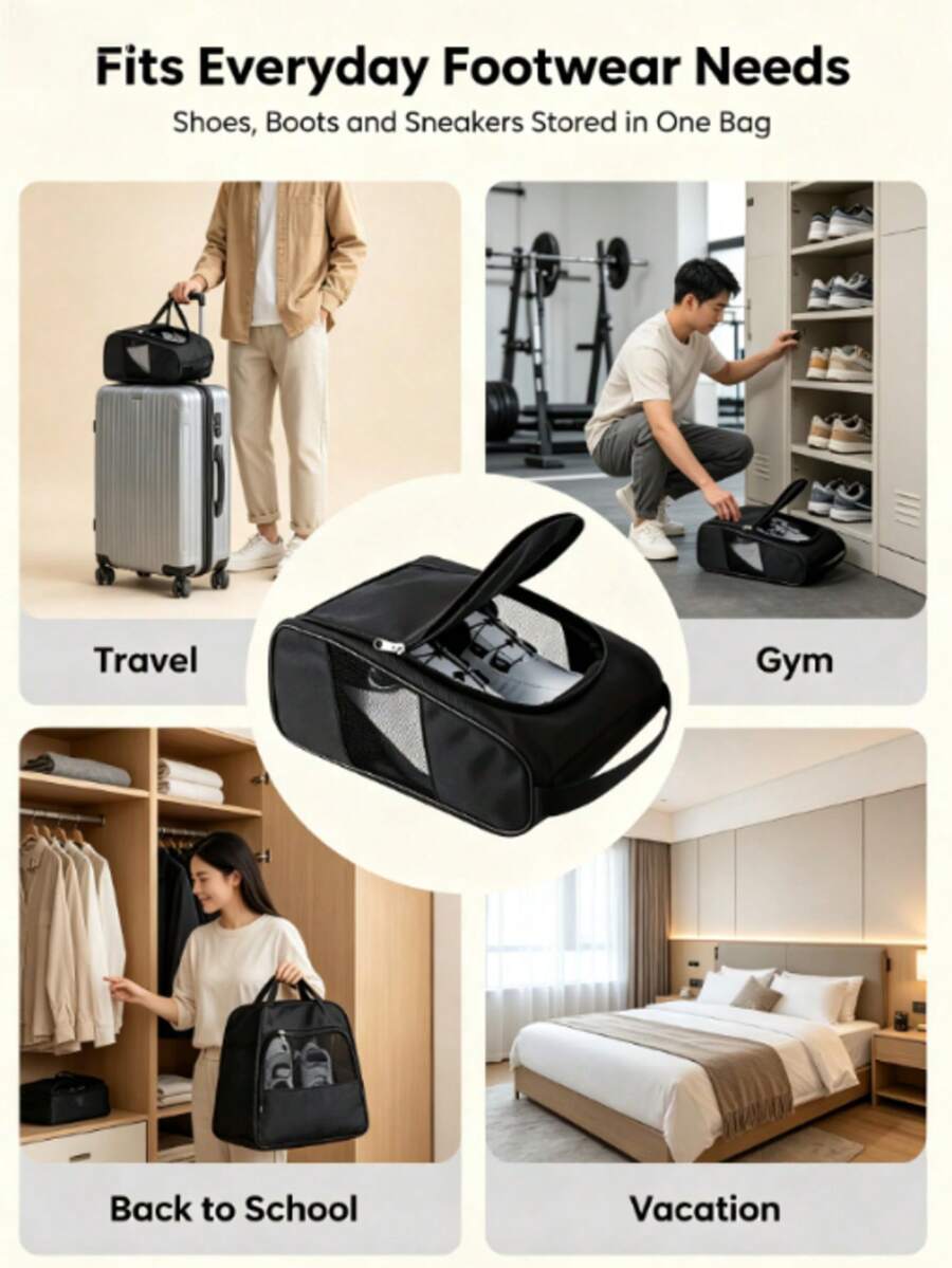 Foldable Sneaker Storage Bag With Handle For Easy Carrying, Dual-Side Breathable Mesh To Prevent Odor, Suitable For Fitness, Outdoor Camping, Travel, School And More - Black - View 1