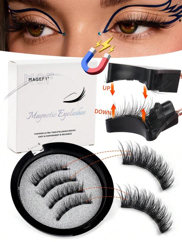 MAANGE 4/1 Pair Magnetic False Eyelashes Set, Includes Applicator, Mixed Styles, Free Matching, No Glue Needed, Natural And Realistic Reusable False Eyelashes, Cartoon Style Eyelashes, Suitable For Daily Wear, Waterproof. (Please Refer To Product Images For Specific Set Accessories) False Eyelashes, Eyelashes
