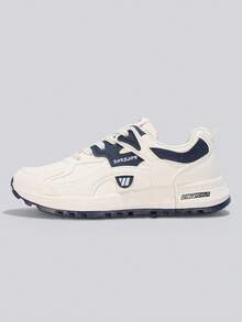 Flipark 1 Pair Women's Lightweight Cushioned Sports Shoes, Retro Line Beige & Blue Color Block PU Leather Durable Wear-Resistant Low-Top Outdoor Casual Sneakers - Blue - View 6