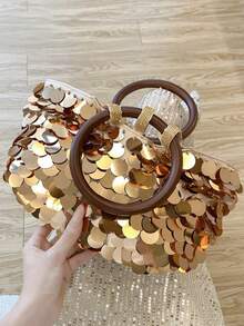 Sequin Ring Handle Evening Clutch, Shiny Sequins, Wooden Round Top Handle, Portable Handbag, Luxury Fashion Party Women's Style, Suitable For Weddings, Nightclubs, Outings - Gold - View 7