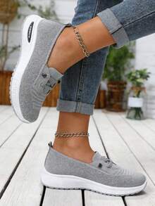 Breathable Slip On Knit Mesh Women Walking Shoes, Lightweight EVA Sole Casual No Lace Sneakers For Daily Walking - Grey - View 5