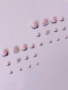 24PCS Short Square White French Floral Gradient 3D Rhinestone Toe Nail Set, Wedding Wearable Nails With 1 Nail File And 1 Piece Jelly Glue, Suitable For Women's Daily And Party - Multicolor - View 2